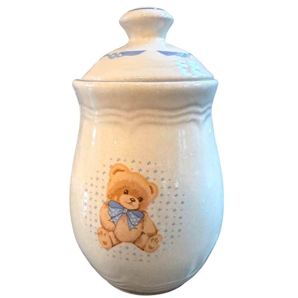Tienshan Stoneware Teddy Bear Canister Jar with Lid Blue Bow Cream Vintage 6.5"
